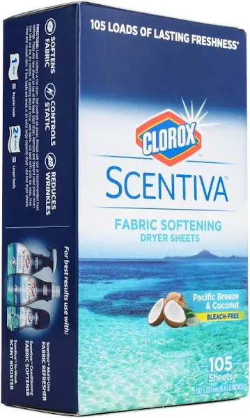 Clorox Scentiva Fabric Softening Dryer Sheets | Fabric Sheets in Pacific Breeze & Coconut Scent | Laundry Dryer Sheets for Fresh & Clean Clothes | 105 Count