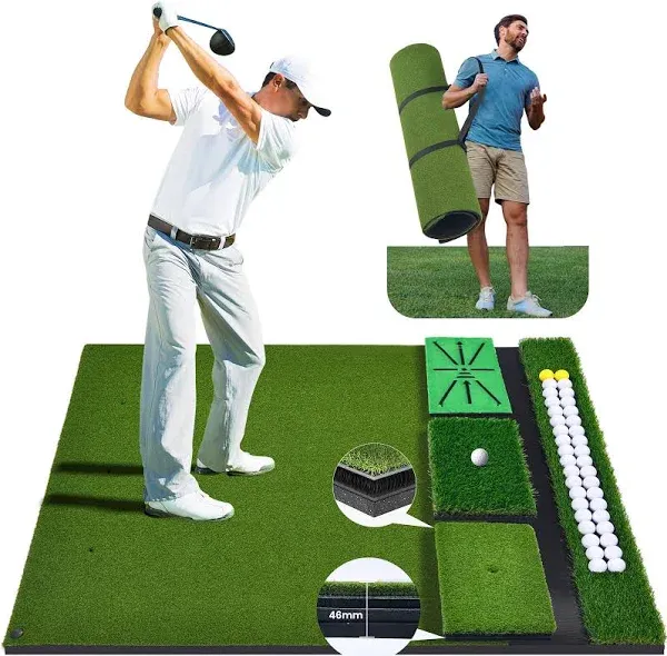 3-in-1 Golf Mat Set 5 ft x 4 ft Golf Practice Hitting Mat Golf Mats Practice Indoor Outdoor with 3 Interchangeable Inserts and Golf Ball Storage Zone