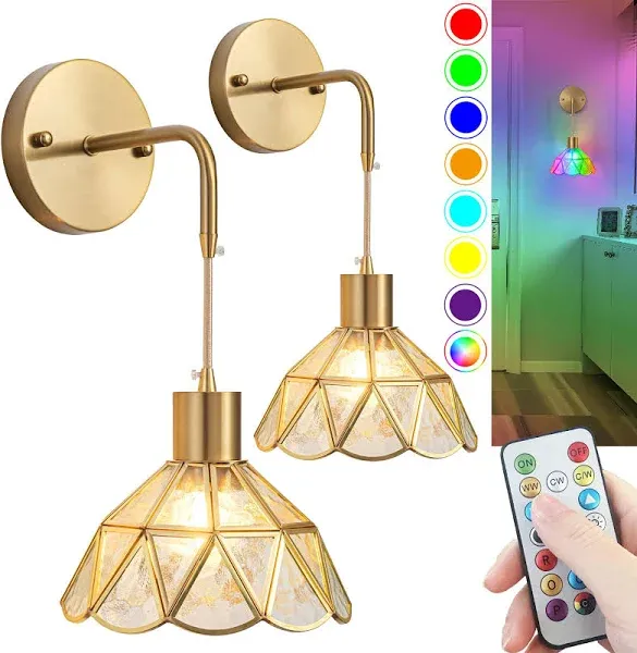 Battery Operated Wall Sconce, Wireless Wall Sconces Set of Two Battery Operated, RGB Color Changing Dimmable Battery Operated Sconces with Remote