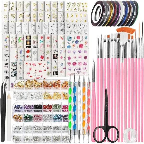 FANDAMEI Nail Art Decorations & Brushes Set, Nail Art Brushes, Dotting Tools, 54 Sheets Water Transfer Nail Art Stickers, Nail Striping Tape, Nail Foils, Rhinestones For Nails, with Tweezer & Scissors