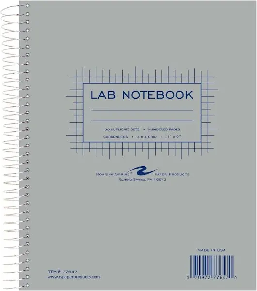 ROARING SPRING Science Lab Notebook, 4x4 Graph Ruled, 50 Numbered Carbonless Sets, 11" x 9", White/Blue Paper, Proudly Made in USA, Hard Board Cover