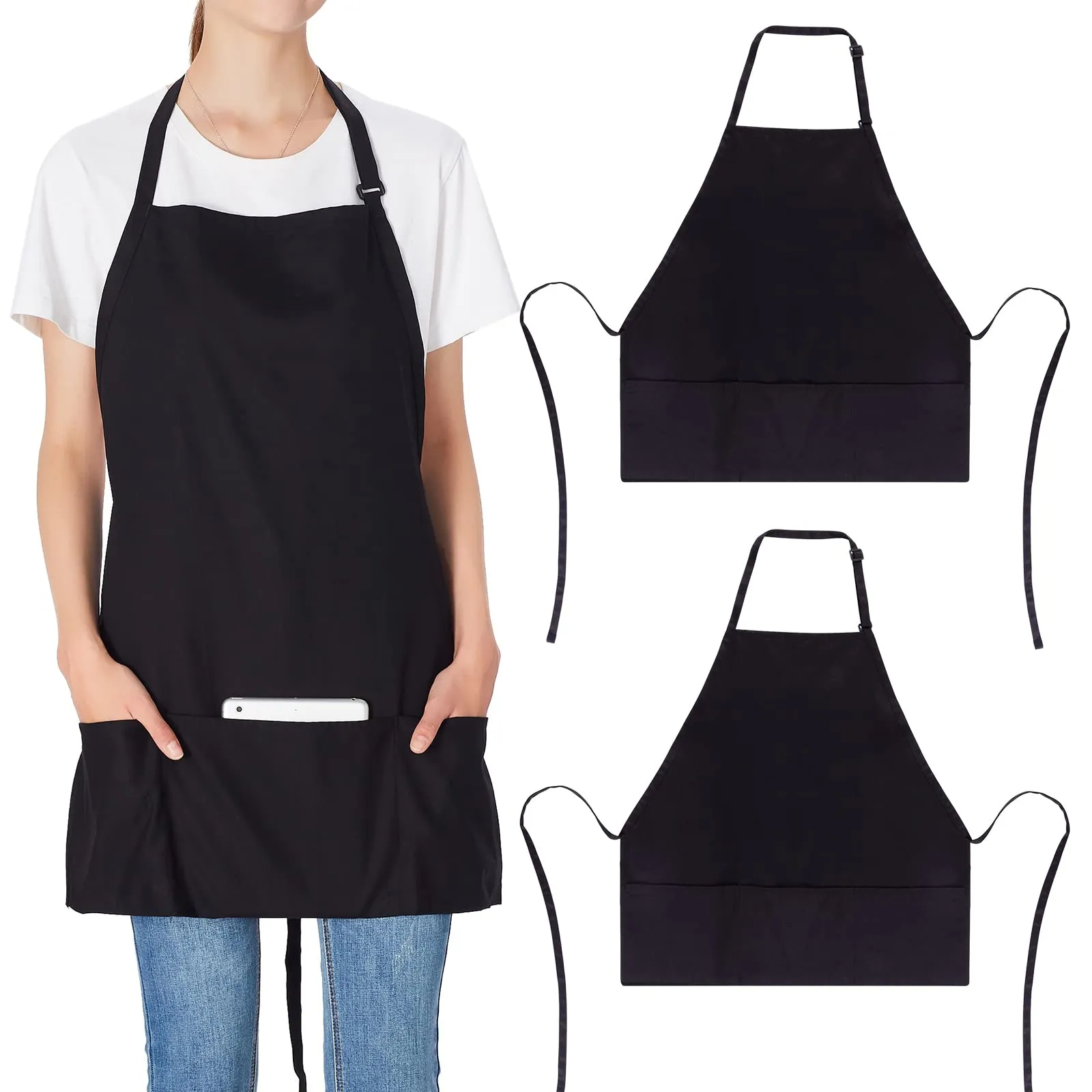 Jubatus 2 Pack 3 Pockets Adjustable Bib Apron Chef Kitchen Cooking Aprons for Women Men