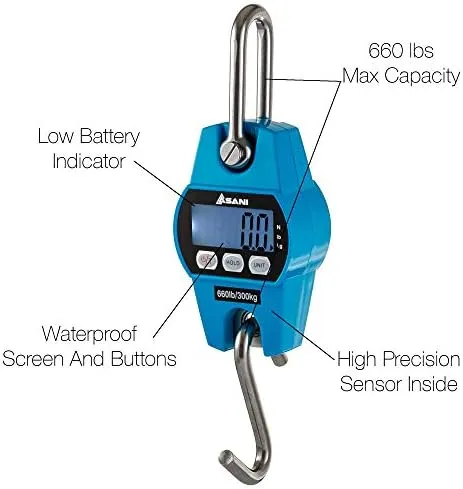 Asani Hanging Weight Scale | 660lb Digital Electronic Weighing Scale with Accurate Sensors | for Hunting, Outdoor, Bass Fishing, Big Game, Farm, Large Luggage, Hoyer Patient Lift (Polycarbonate Blue)