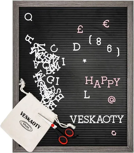 Plastic Letter Board with 376 Letters, Numbers & Symbols - 16 x 20 inch Changeable Message Board with Wooden Frame Wall Mount Hook, (Black Board & Grey Frame) by Veskaoty