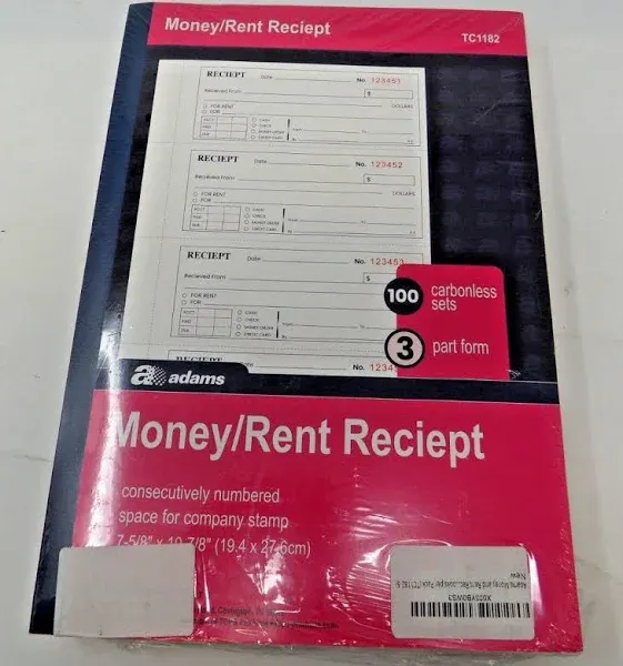 Adams Money and Rent Receipt Books, 3-Part Carbonless, 7-5/8 x 10-7/8, White 