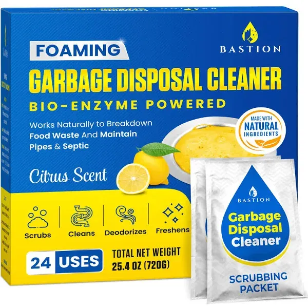 Garbage Disposal Cleaner and Deodorizer - 24-Count (1-Year Supply) Foaming Lemon Scented Kitchen Sink Freshener Pods & Drain Odor Eliminator Disposer Care by Bastion