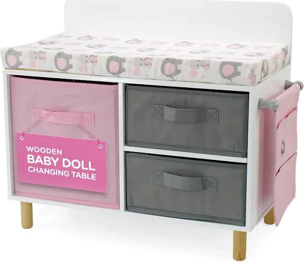 Emily Rose New Wooden Toy Baby Doll Crib Set for Little Girls, Changing Table Furniture with Clothes and Accessories Storage and Pockets, for 3+ Year Olds, Doll Set and Accessories - White/Pink/Gray