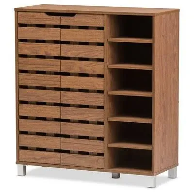 Baxton Studio Shirley 2 Door Shoes Cabinet with Open Shelves, Walnut Brown