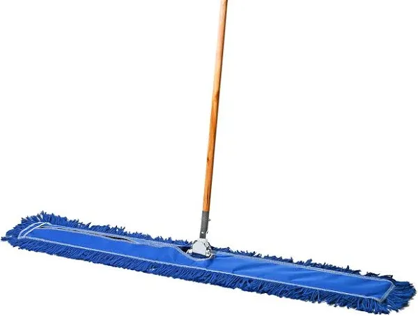 Commercial Dust Mop & Floor Sweeper, 24 in. Dust Mop for Hardwood Floors, Reusable Dust Mop Head, Wooden Broom Handle, Industrial Dry Mop for Floor Cleaning and Janitorial Supplies, Blue