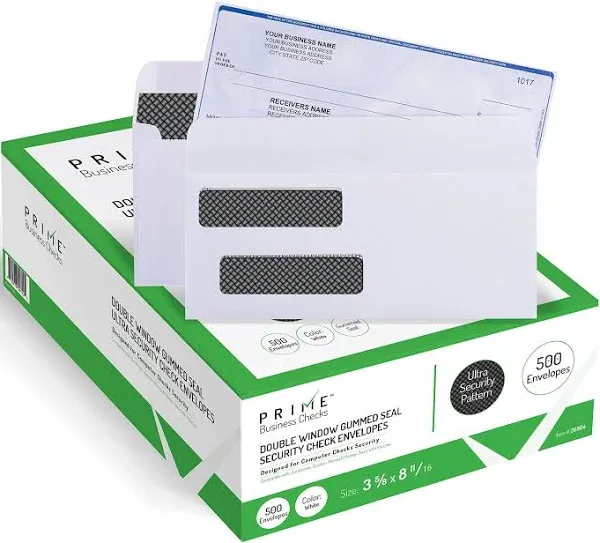 Prime Business Checks 500 Self Seal Double Window Security Tinted Envelopes