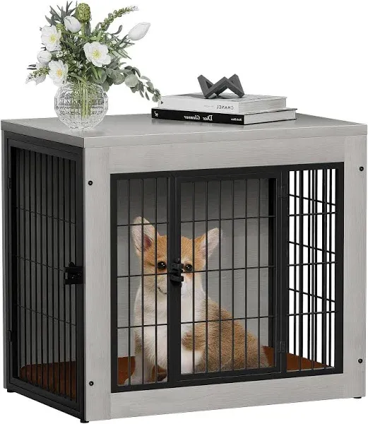 Bigrab Dog Crate Furniture with Thick Cushion, Side End Table Wooden Dog Cage with Double Doors, Chew-Resistant Dog Kennel Dog House Indoor for Small to Large Dog, M