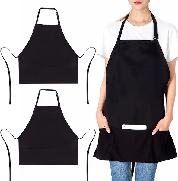 Jubatus 2 Pack 3 Pockets 100% Cotton Adjustable Bib Apron Chef Kitchen Cooking Aprons for Women Men, Red