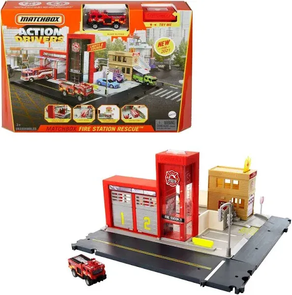 Matchbox Cars Playset, Action Drivers Fire Station Rescue & Toy Fire Truck in 1:64 Scale, Lights & Sounds, Moving Parts