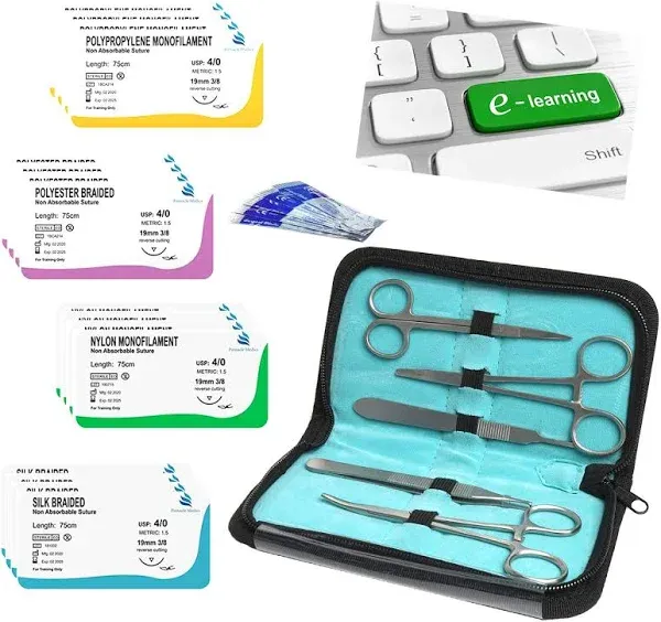 Suture Kit | Suture Practice Kit for Medical Students | 24 Mixed Sutures Thread with Needle and Suture Tool kit | for Medical, Nursing, and Vet Student Suture Training | Step by Step HD Video Tutorial