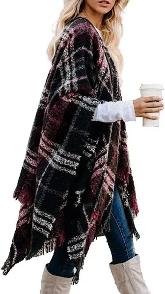 Bestshe Women's Boho Open Front Knitted Plaid Poncho