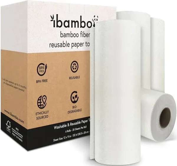 6 Rolls of Bamboo Reusable Paper Towels - Heavy Duty, Absorbent, & Durable | FSC Certified Machine Washable Paper Towels | 100% Rayon Derived From Bamboo | 20 Sheets Per Roll, 12"x11" Sheets