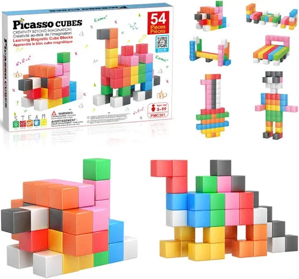 PicassoTiles PMC301 Magnet Cube Building Blocks 54 Pieces 1.2" Magnetic Cubes Toy