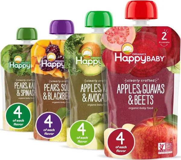 Happy Baby Organics Stage 2 Baby Food Pouches, Gluten Free, Vegan & Healthy Snack, Clearly Crafted Fruit & Veggie Puree, Fruit & Veggie Variety Pack