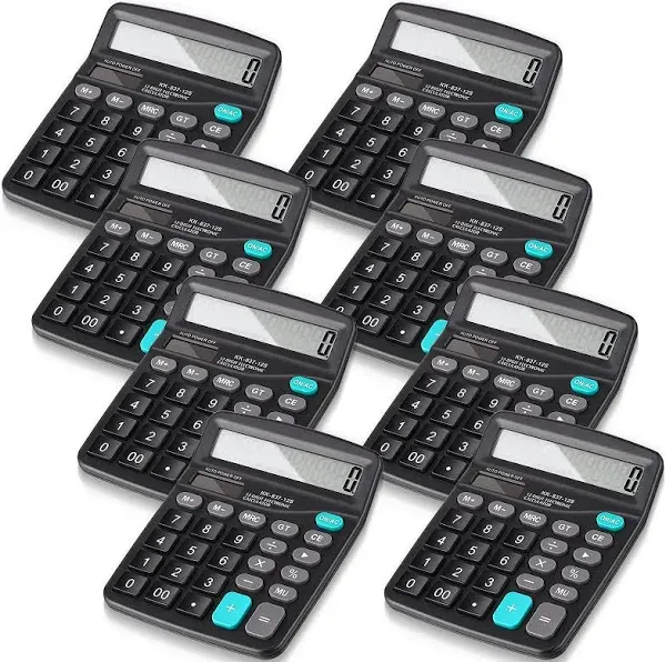 Konohan 8 Pieces 12-Digit Calculator, Solar Basic Desktop Calculator Large Display Electronic Calculators Dual Power Handheld Calculator for Home Office School (Black)