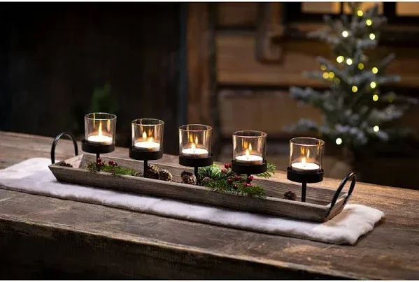 Large 27.5 inch 5-Pillar Glass Candle Holder Set Centerpiece with Rustic Wood...