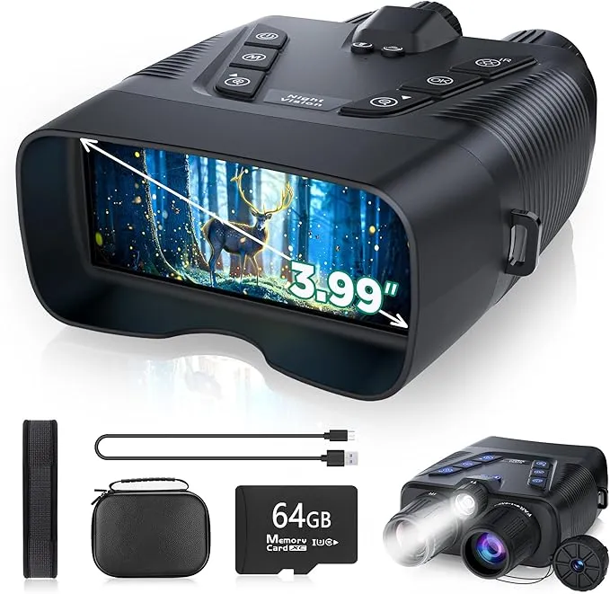 WASOCA Night Vision Goggles, 58MP Full-color 4K Night Vision Binoculars with 10000mAh Fast Charging Battery, 64GB Card, 3.99" Screen and 1968FT Viewing Range