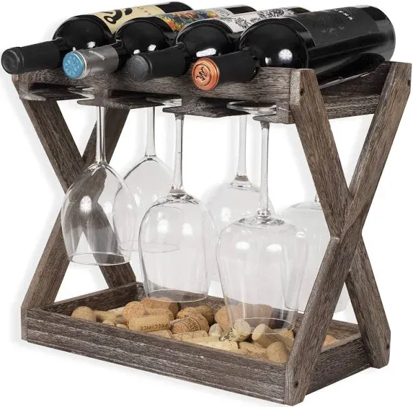 Rustic State Cava Countertop Solid Wood Wine Rack for 4 Bottles and 6 Stemware G