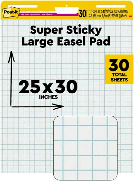 Post-it Super Sticky Easel Pad, 25 x 30 Inches, 30 Sheets/Pad, 1 Pad (560SS), Large White Grid Premium Self Stick Flip Chart Paper, Super Sticking Power