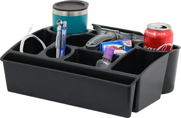 Vehicle Seat Organizer Car Storage Caddy with Carrying Handle, 2 Large Cup Holders, 10 Compartments, Hidden Extra Storage, Fits Most Vehicles, Made in USA from Recycled Plastic