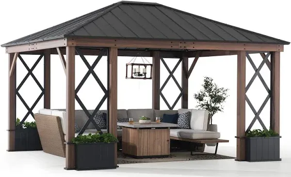 SummerCove 13 ft. x 15 ft. Black Steel Hardtop Gazebo with Planters and Ceiling Hook