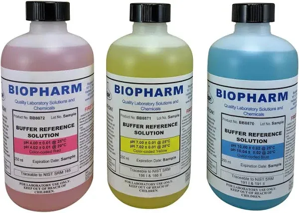 pH Buffer Calibration Solution Kit 3-Pack: pH 4.00, pH 7.00, pH 10.00 Buffers — 500 mL (1.06 Pint) Each — Color Coded — NIST Traceable for All pH Meters