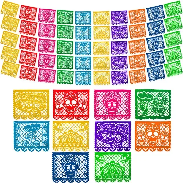 Mexican Party Banners (5 Pack - 10 Plastic Flag Designs per Banner) - Papel Pica