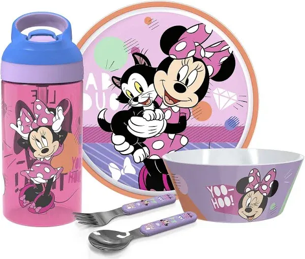 Zak Designs 5 pcs Kids Dinnerware Set Melamine Plate Bowl Water Bottle Flatware Disney Minnie Mouse Perfect for Kids