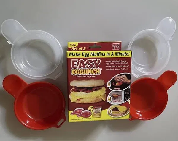 Microwave Egg Cooker, Nonstick Easy Eggwish, Egg Poacher for Breakfast Cheese Hamburg Sandwich Pancake Omelet Egg Patty, Pod & Muffins - As Seen On TV - 2 set in a box, Red & Clear