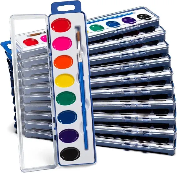 Watercolor Paint Sets for Kids - Bulk Pack of 12, 8 Washable Water Color Paints in Palette Tray and Painting Brush for Coloring, Art, Party Favors, Classrooms and Paint Party Supplies