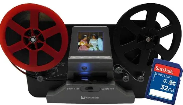 Wolverine 8mm and Super8 Reels Movie Digitizer with 2.4" LCD, Black (Film2Digital MovieMaker), Includes 32GB SD Memory Card & Worldwide Voltage 110V/240V AC Adapter (Bundle)