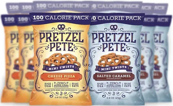 Pretzel Pete Salted Caramel & Cheese Pizza Seasoned Mini Twist Pretzels, 100 Calories, Sampler Pack, Non-GMO, Small Batch, Bold Flavor, 0.8oz (24 Pack)