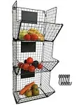 3 Tier Wall Mounted Metal Wire Fruit Storage Basket, Hanging Kitchen Fruit Produce Storage Bins Organizer with S-Hooks and Adjustable Chalkboards, Multipurpose Bathroom Rack/Stand(Black)