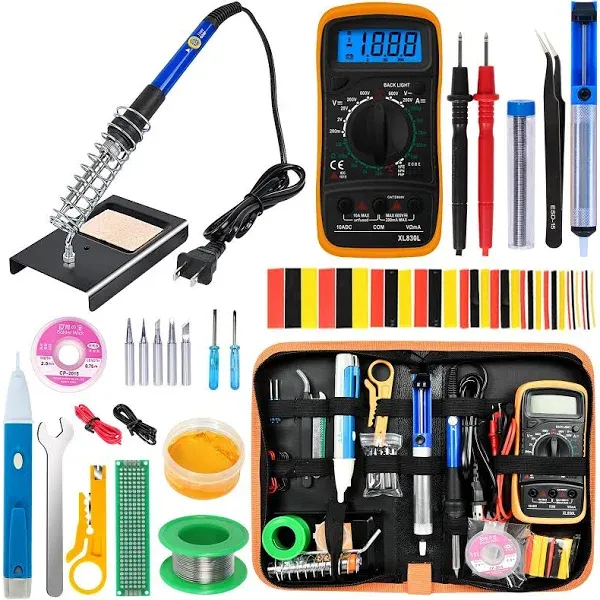 Soldering Iron Kit, 60W Adjustable Temperature, Digital Multimeter, 5pcs Soldering Tips, Wire, Stand, Desoldering Pump, Solder Wick, Tweezers, Welding Tool