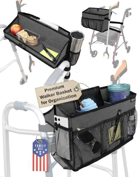 Walker Basket for Folding Walker +Flip-Down Walker Tray +Reacher/ Cane Holder St