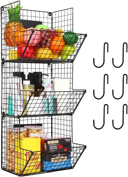 HRAYLTOP 3 Tier Wall Mounted Fruit Storage Basket with S-Hooks and Chalkboards - Black