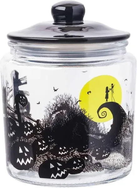 Silver Buffalo Disney Tim Burton Nightmare Before Christmas Moon Hill Graveyard Scene Jack Skellington and Sally Glass Cookie Snack Candy Jar with Lid (Small)