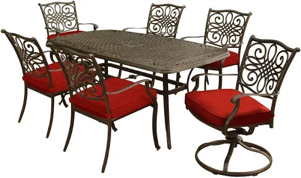 Traditions 7-Piece Dining Set in Red with Two Swivel Rockers, Four Dining Chairs, and a 72 x 38 in. Cast-top Table - Hanover TRADDN7PCSW-RED