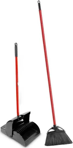 Libman Indoor/Outdoor Angle Broom with Steel Handle and Lobby Dustpan with Closed Lid Combo Set, Size: 11 in, Red