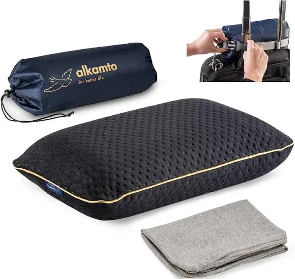 alkamto Travel & Camping Comfortable Memory Foam Pillow – Easy to Carry Portable Bag – Temperature Regulating Pillow Case