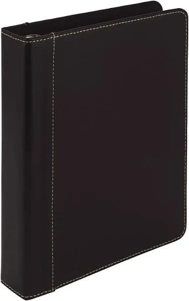 Samsill 1&#034; Junior Size 3 Ring Binder Leather Black with Contrast Stitching Ho...