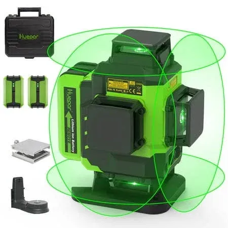 Huepar 4x360 Laser Level Self-Leveling 16 Lines 4D Green Laser Cross Line Tiling Floor Laser Tool-2 x 360 Horizontal & 2 x 360 Vertical Laser Lines with Two Li-ion Batteries and Hard Carry Case-LS04CG