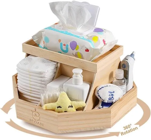 ECOADE Wooden Diaper Caddy Organizer - 360 Degrees Rotating Caddy with Removable Dividers, Nursery Diaper Organizer