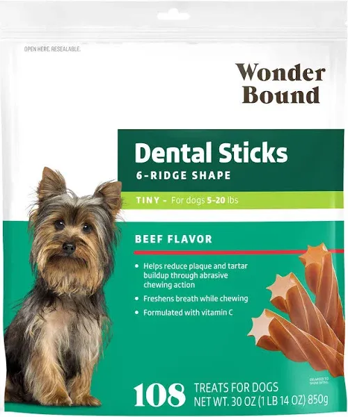 Wonder Bound Chicken Flavor Dental Sticks for Tiny Dogs (5-20 lbs), 6-Ridge Shape for Plaque & Tartar Control, Freshens Breath, Made With Real Chicken, 108 Count