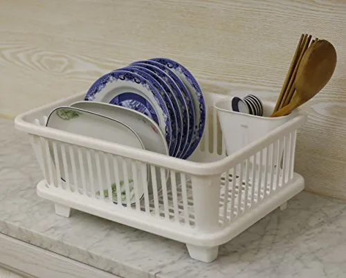 Heavy Duty Plastic Dish Drying Rack Set White Large Drainer With Utensil Cup