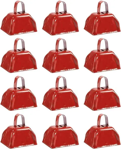 Set of 12 3-inch Cowbells with Handle, Hand Percussion Cow Bells Noise Makers for Sporting Events, Football Games (Red)